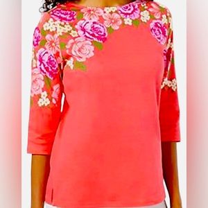Quacker Factory - Life is Rosey Printed and Sparkle Top Hot Coral